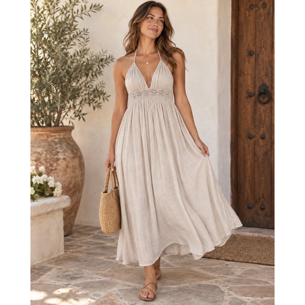 Wishlist Apparel Maxi Dress Beige Crochet Lace Halter Open Back WL13-0025